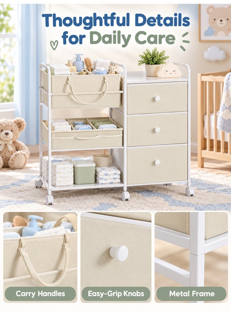 WALALLA 2In1 Baby Diaper Caddy Organizers and Storage, 3 Tier Rolling Cart with Dividers and Drawers, Mobile Utility Cart Baby Dresser Clothes Organizer for Changing Table, Crib Nursery, Bedroom - Image 4