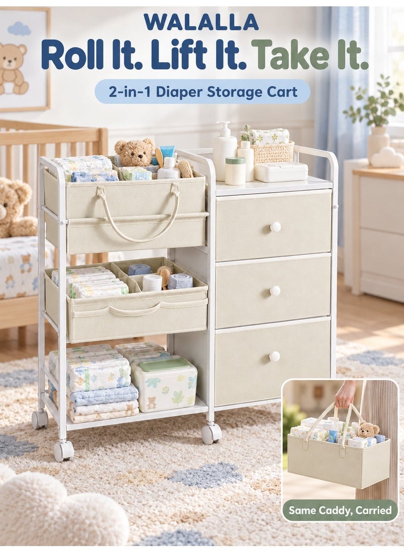 WALALLA 2In1 Baby Diaper Caddy Organizers and Storage, 3 Tier Rolling Cart with Dividers and Drawers, Mobile Utility Cart Baby Dresser Clothes Organizer for Changing Table, Crib Nursery, Bedroom - Image 1