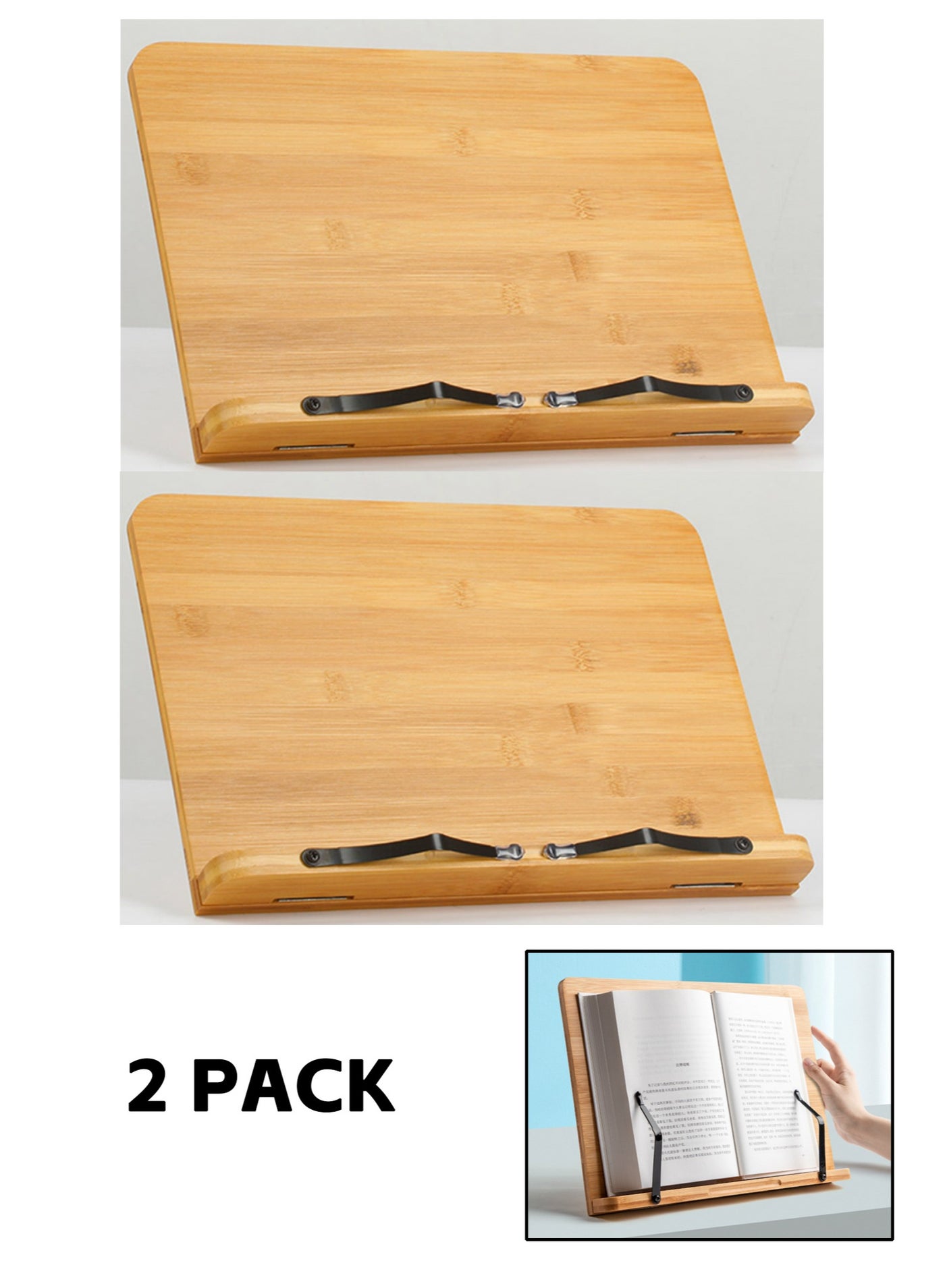 2 Pieces Bamboo Book Stand, Sturdy Large Cookbook Magazine iPad Reading Book Holder with 6 Adjustable Height Gear Angle, Foldable Tablet Textbook Bookstand, Tray and Page Paper Clips (33.5*23.5CM)