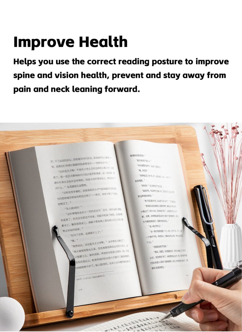 Teuuea - 2 Pieces Bamboo Book Stand, Sturdy Large Cookbook Magazine iPad Reading Book Holder with 6 Adjustable Height Gear Angle, Foldable Tablet Textbook Bookstand, Tray and Page Paper Clips (33.5*23.5CM) - Image 1