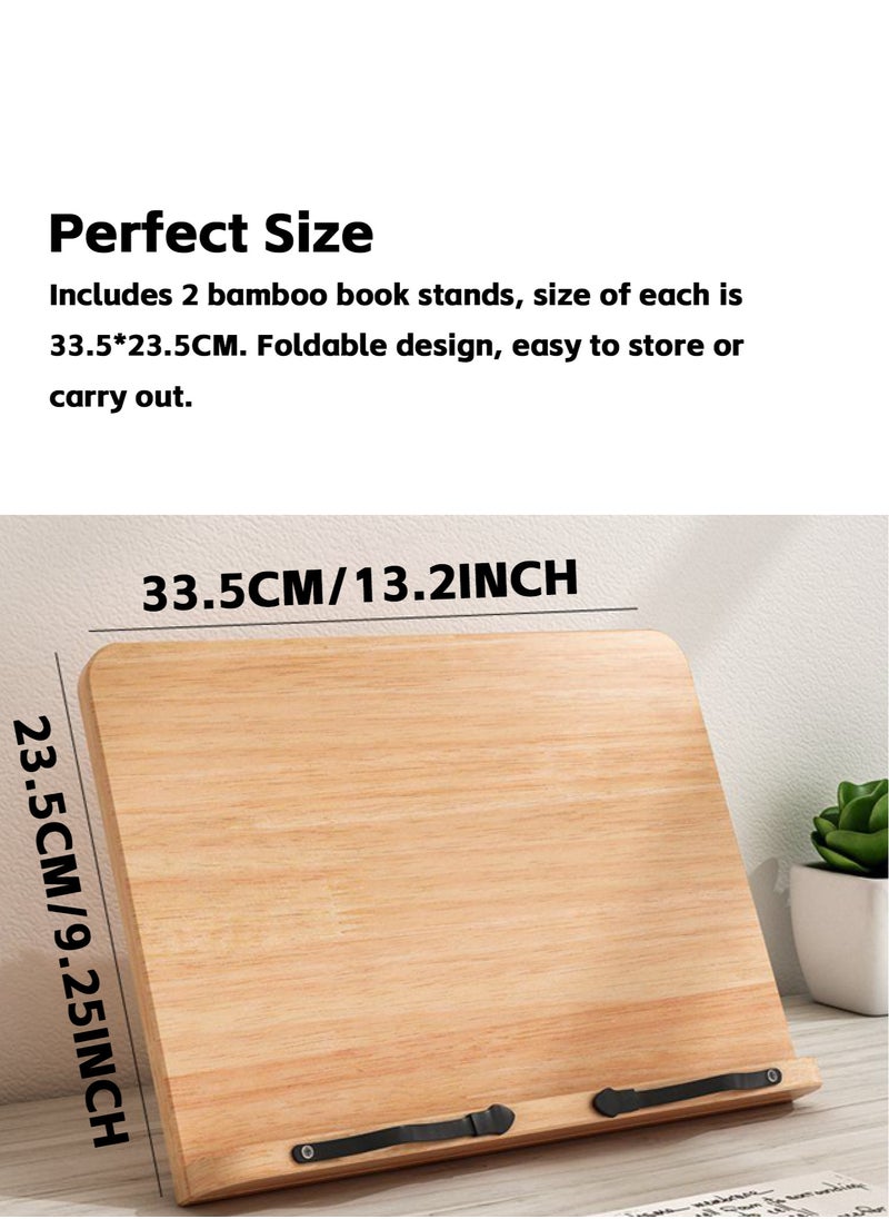 Teuuea - 2 Pieces Bamboo Book Stand, Sturdy Large Cookbook Magazine iPad Reading Book Holder with 6 Adjustable Height Gear Angle, Foldable Tablet Textbook Bookstand, Tray and Page Paper Clips (33.5*23.5CM) - Image 1