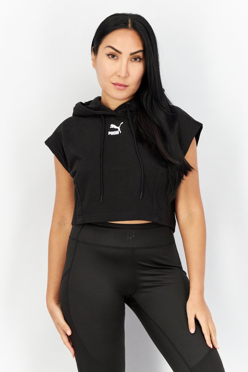 PUMA سويت شيرت قصير بغطاء رأس وأكمام قصيرة للنساء، أسود - Image 1