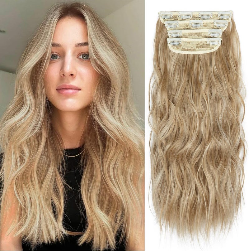 AliLeader 4Pcs Blonde Hair Extensions Clip in, Wavy Synthetic Clip in Hair Extension, 20 Inches Long Hair Extensions for Women Full Head (8AH613#,4pcs) - Image 1