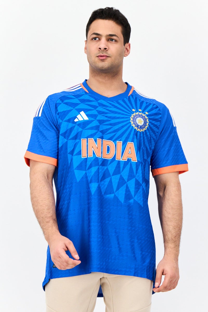 Adidas Men Sportswear Fit Short Sleeve Outdoor Indian Cricket Jersey, Blue - Image 1