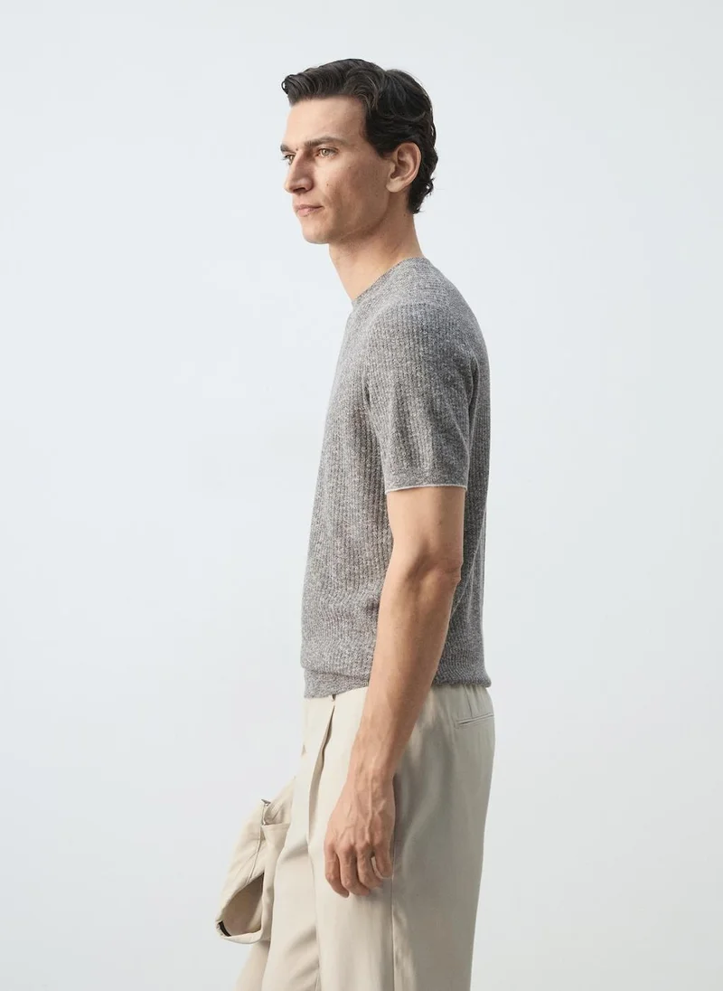 Mango Man 56-NAVY Ribbed Cotton-Linen Blend T-Shirt for Men | Best Price UAE