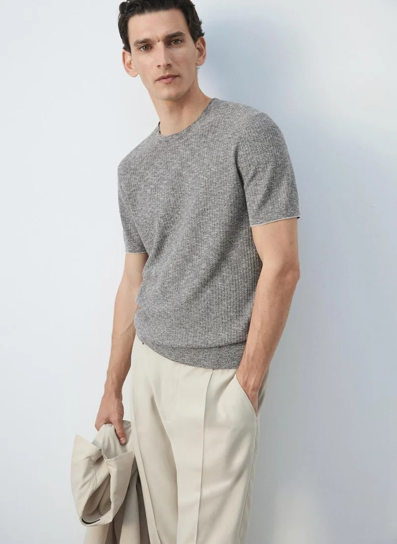 Mango Man 56-NAVY Ribbed Cotton-Linen Blend T-Shirt for Men | Best Price UAE