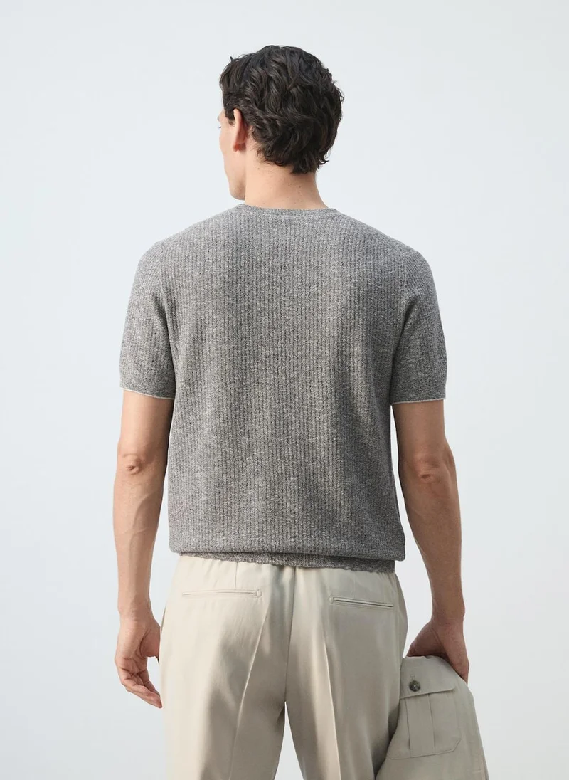 Mango Man 56-NAVY Ribbed Cotton-Linen Blend T-Shirt for Men | Best Price UAE