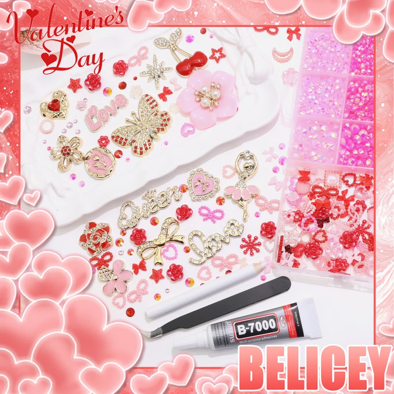 BELICEY Junk Case Charms Kit Red Pink Buttefly Big Charm for Junk Cases 3D Elegant Flower Phone Case Charms Gold Bow Cherry Heart DIY Bedazzling Kit for Crafts Flatback Resin Rhinestone for Valentineâ€˜s Day - Image 5