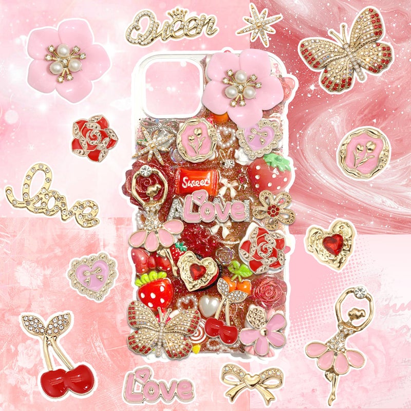 BELICEY Junk Case Charms Kit Red Pink Buttefly Big Charm for Junk Cases 3D Elegant Flower Phone Case Charms Gold Bow Cherry Heart DIY Bedazzling Kit for Crafts Flatback Resin Rhinestone for Valentineâ€˜s Day - Image 4