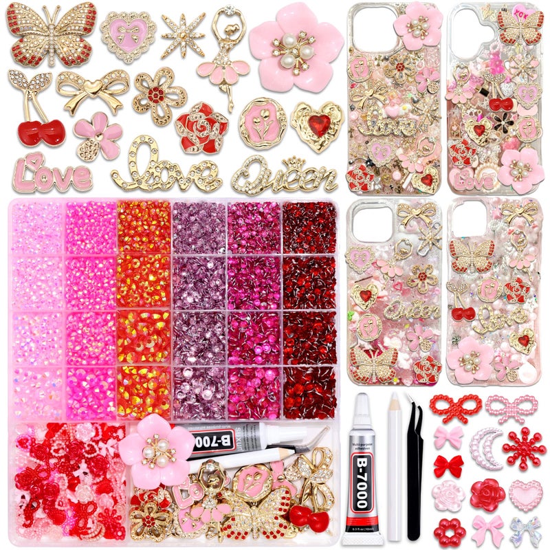BELICEY Junk Case Charms Kit Red Pink Buttefly Big Charm for Junk Cases 3D Elegant Flower Phone Case Charms Gold Bow Cherry Heart DIY Bedazzling Kit for Crafts Flatback Resin Rhinestone for Valentineâ€˜s Day - Image 1