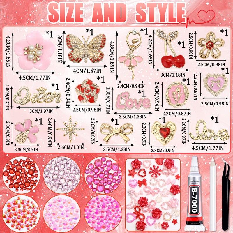 BELICEY Junk Case Charms Kit Red Pink Buttefly Big Charm for Junk Cases 3D Elegant Flower Phone Case Charms Gold Bow Cherry Heart DIY Bedazzling Kit for Crafts Flatback Resin Rhinestone for Valentineâ€˜s Day - Image 3