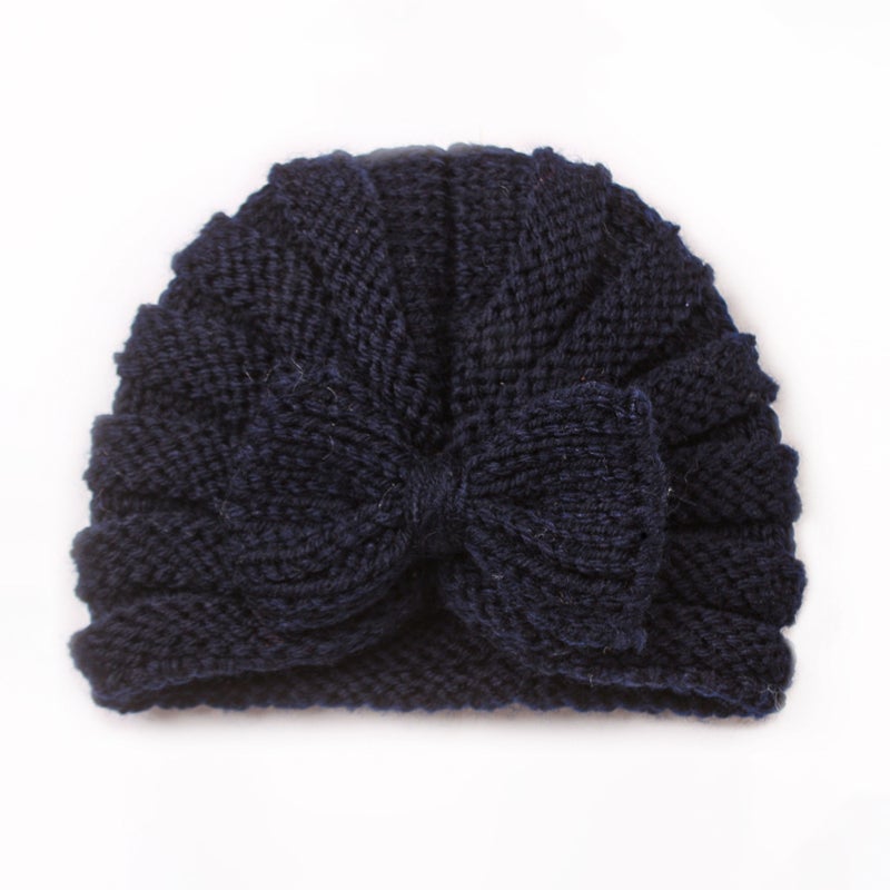 Autumn Winter Baby Butterfly Knot Knit Cap Warm Navy blue 