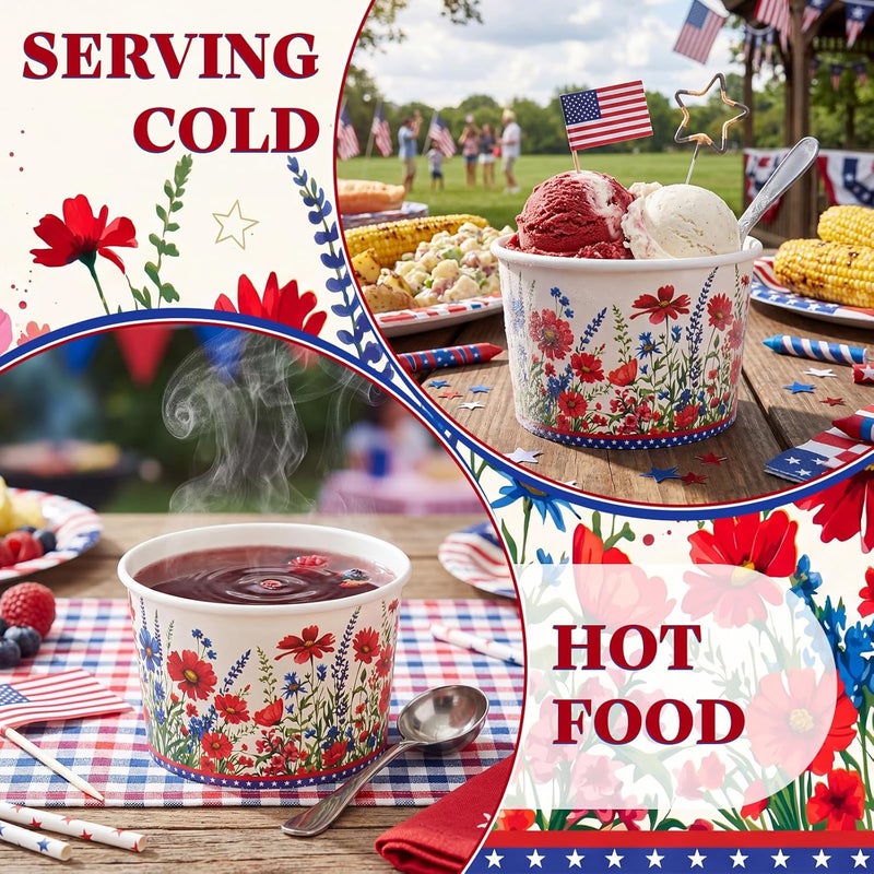 Maxdot 50 Pcs Patriotic Ice Cream Paper Cups 9oz Stars and Wildflower Paper Bowls, 250th Anniversary Disposable Floral Dessert Cups for Snacks, Yogurt, 4th of July Independence Day Party Supplies - Image 3