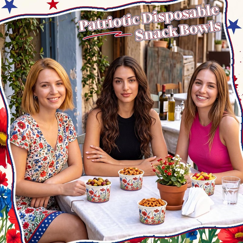 Maxdot 50 Pcs Patriotic Ice Cream Paper Cups 9oz Stars and Wildflower Paper Bowls, 250th Anniversary Disposable Floral Dessert Cups for Snacks, Yogurt, 4th of July Independence Day Party Supplies - Image 5