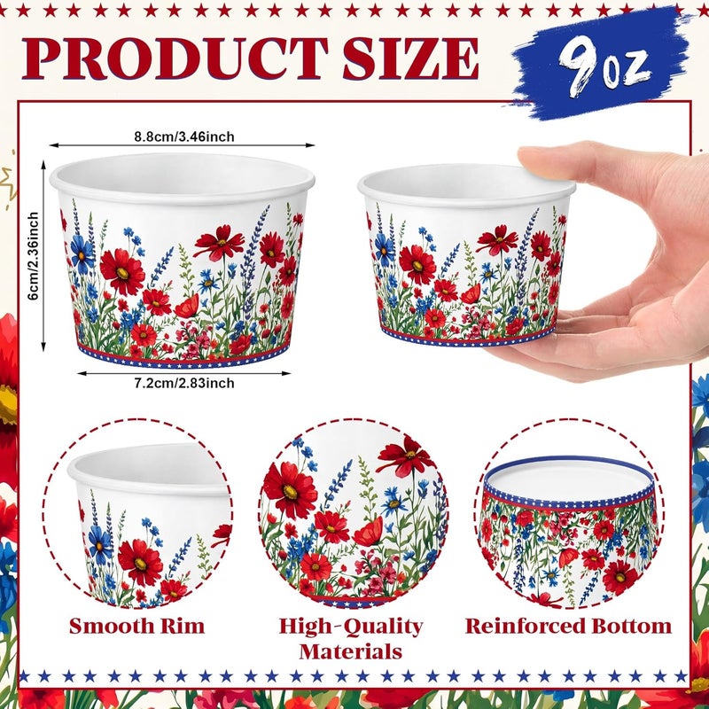 Maxdot 50 Pcs Patriotic Ice Cream Paper Cups 9oz Stars and Wildflower Paper Bowls, 250th Anniversary Disposable Floral Dessert Cups for Snacks, Yogurt, 4th of July Independence Day Party Supplies - Image 2