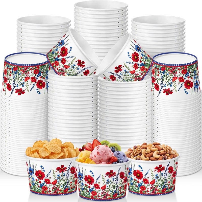 Maxdot 50 Pcs Patriotic Ice Cream Paper Cups 9oz Stars and Wildflower Paper Bowls, 250th Anniversary Disposable Floral Dessert Cups for Snacks, Yogurt, 4th of July Independence Day Party Supplies - Image 1