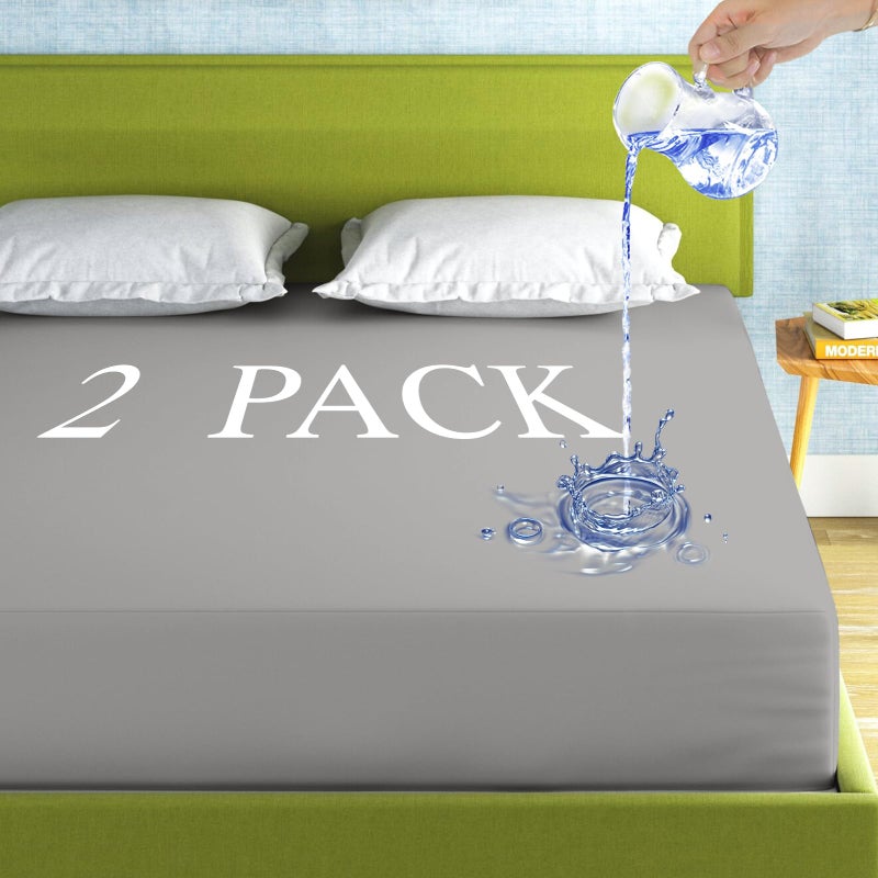 Parkdeny 2 Pack Mattress Protector Queen Size 100% Waterproof Fitted Mattress Cover  Breathable Noiseless & Machine Washable Bed Cover Deep Pocket from 5"" to 21""  Bed Protector for Pets Kids Adults Dark Grey - Image 1