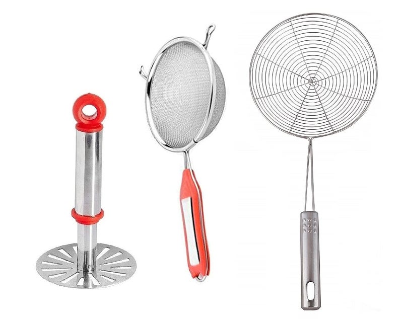 BLUE WONDER Blue Wonder Combo of Potato Vegetables Pav Bhaji Masher with Stainless Steel Soup Strainer Deep Fry Oil Strainer  - Image 1