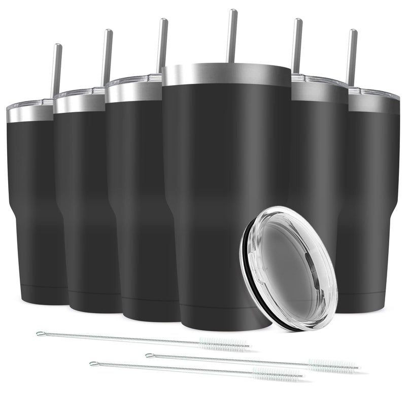 Deitybless 30oz Stainless Steel Travel Mug with Lid 6 Pack Double Wall Vacuum Insulated Bulk Tumbler with 6 Straws Powder Coated Coffee Cup Suitable for Vehicle Cup HoldersBlack