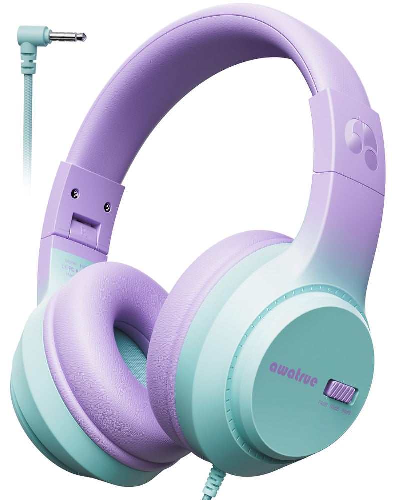 awatrue Kids Headphones, 74/85/94dB Volume Limiter, Foldable Wired Over Ear Headphones for Travel, 3.5mm Jack, Toddler Headphones for School, Chromebook, iPad, Tablet, Purple Green - Image 1