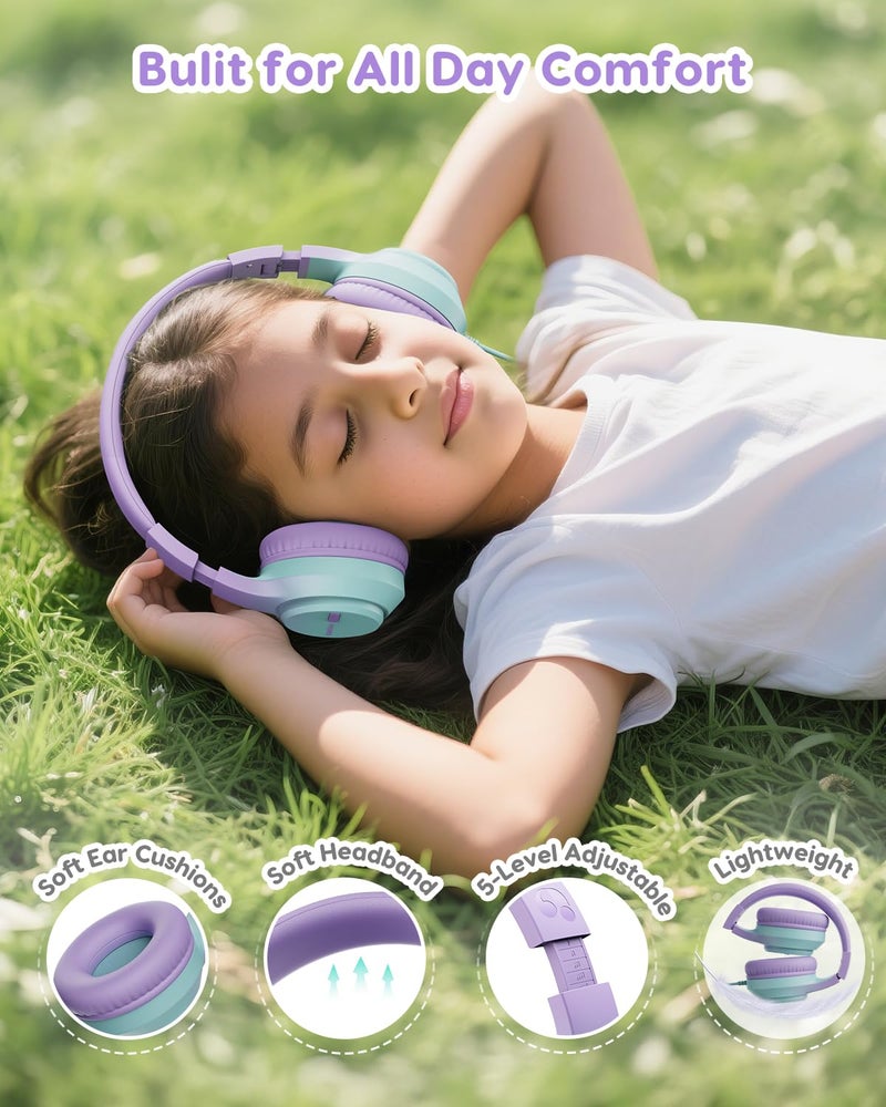 awatrue Kids Headphones, 74/85/94dB Volume Limiter, Foldable Wired Over Ear Headphones for Travel, 3.5mm Jack, Toddler Headphones for School, Chromebook, iPad, Tablet, Purple Green - Image 3