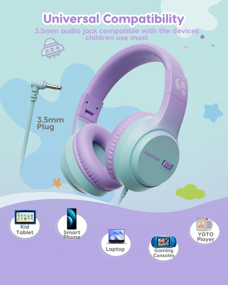 awatrue Kids Headphones, 74/85/94dB Volume Limiter, Foldable Wired Over Ear Headphones for Travel, 3.5mm Jack, Toddler Headphones for School, Chromebook, iPad, Tablet, Purple Green - Image 4