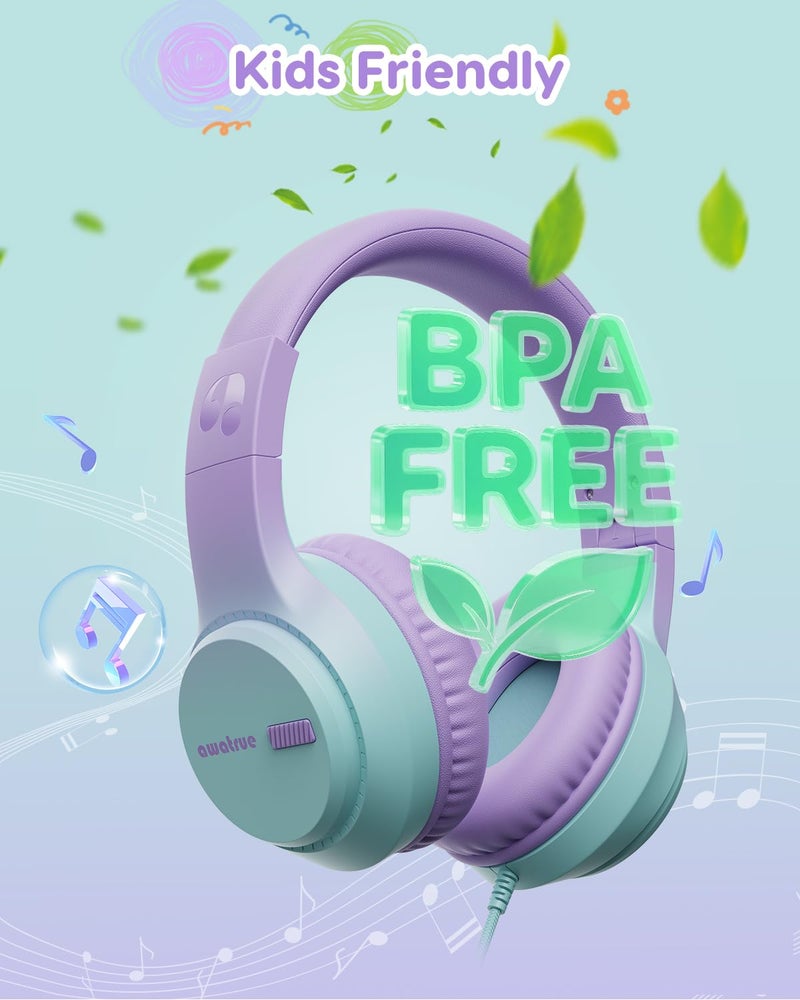 awatrue Kids Headphones, 74/85/94dB Volume Limiter, Foldable Wired Over Ear Headphones for Travel, 3.5mm Jack, Toddler Headphones for School, Chromebook, iPad, Tablet, Purple Green - Image 5