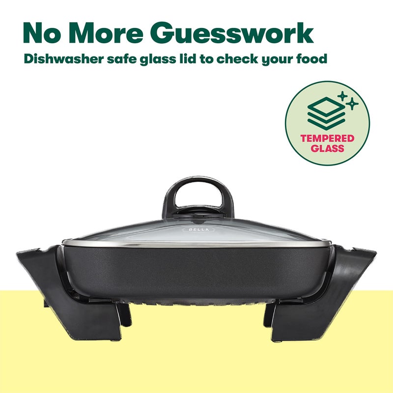 bella Electric Skillet and Frying Pan with Glass Lid, Nonstick Coating, Cool Touch Handles, Removable Heating Probe, Dishwasher Safe, 12 x 12 inch, Black, PFOA & PTFE Free - Image 4