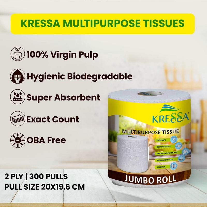 Kressa Jumbo Kitchen Tissue Paper Roll | Paper Towel 1 Roll Total 300 Sheets 2 Ply - Image 2