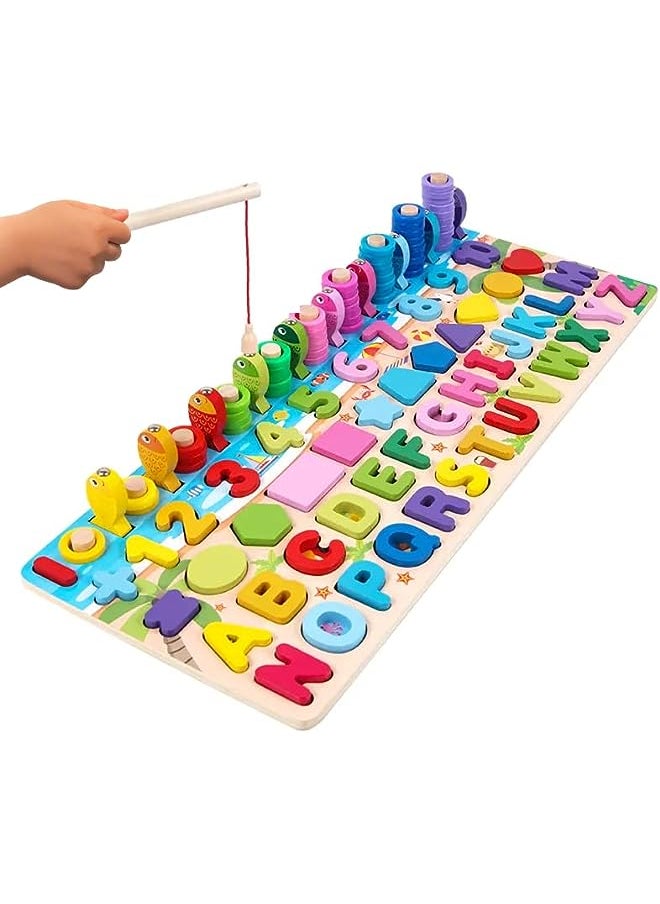 IAF - & Education Toys - 6 in 1 Wooden Blocks Logarithmic Puzzle Board - Montessori Educational Toy for Learning Alphabets, Numbers, Shapes, Colors & Math - A Fishing Game For 2,3,4 & 5 Years Kids - Image 1