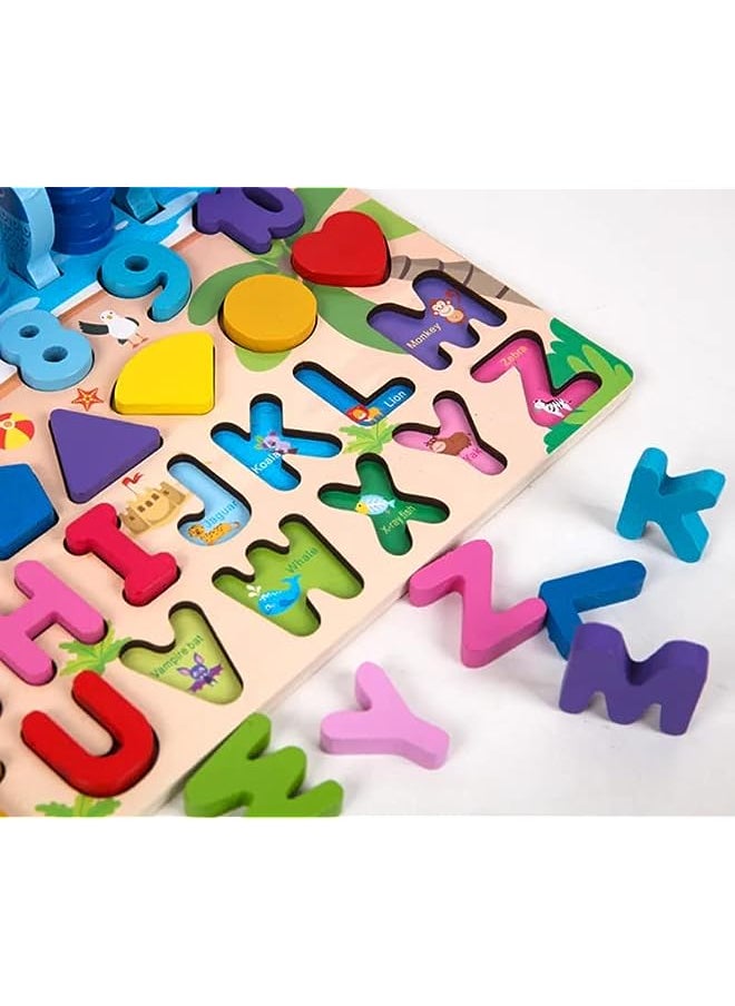 IAF - & Education Toys - 6 in 1 Wooden Blocks Logarithmic Puzzle Board - Montessori Educational Toy for Learning Alphabets, Numbers, Shapes, Colors & Math - A Fishing Game For 2,3,4 & 5 Years Kids - Image 1