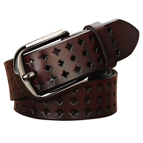 VONSELY Genuine Leather Belts for Women Hollow Out Design, Soft Leather Womens Belts with Pin Buckle, Coffee Leather Belt - Image 1