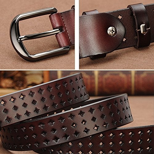 VONSELY Genuine Leather Belts for Women Hollow Out Design, Soft Leather Womens Belts with Pin Buckle, Coffee Leather Belt - Image 3