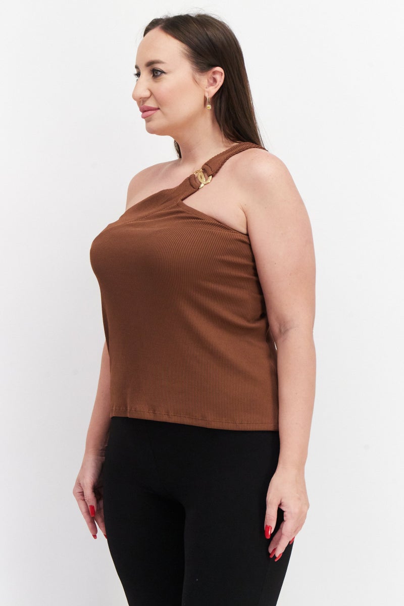RIVER ISLAND Women Plus Size Asymmetrical Neck One Shoulder Textured Top, Brown  - Image 1