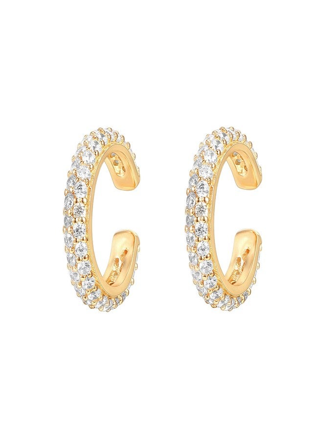PAVOI 14K Yellow Gold Plated 925 Sterling Silver 1.3mm Staggered Cubic Zirconia Sparkling Round Huggie Ear Cuff Gold Earrings for Women | Clip On Cartilage - Image 3