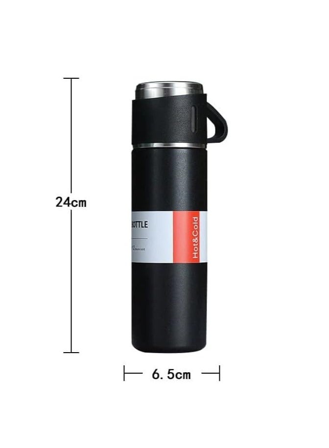 500ml Water Bottle with 3 Double Wall Stainless Steel Cups with Gift Bag Vacuum Insulated Thermos for Coffee Water Tea Travel - Black  - Image 1