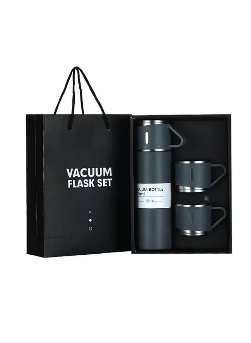 500ml Water Bottle with 3 Double Wall Stainless Steel Cups with Gift Bag Vacuum Insulated Thermos for Coffee Water Tea Travel - Black  - Image 2