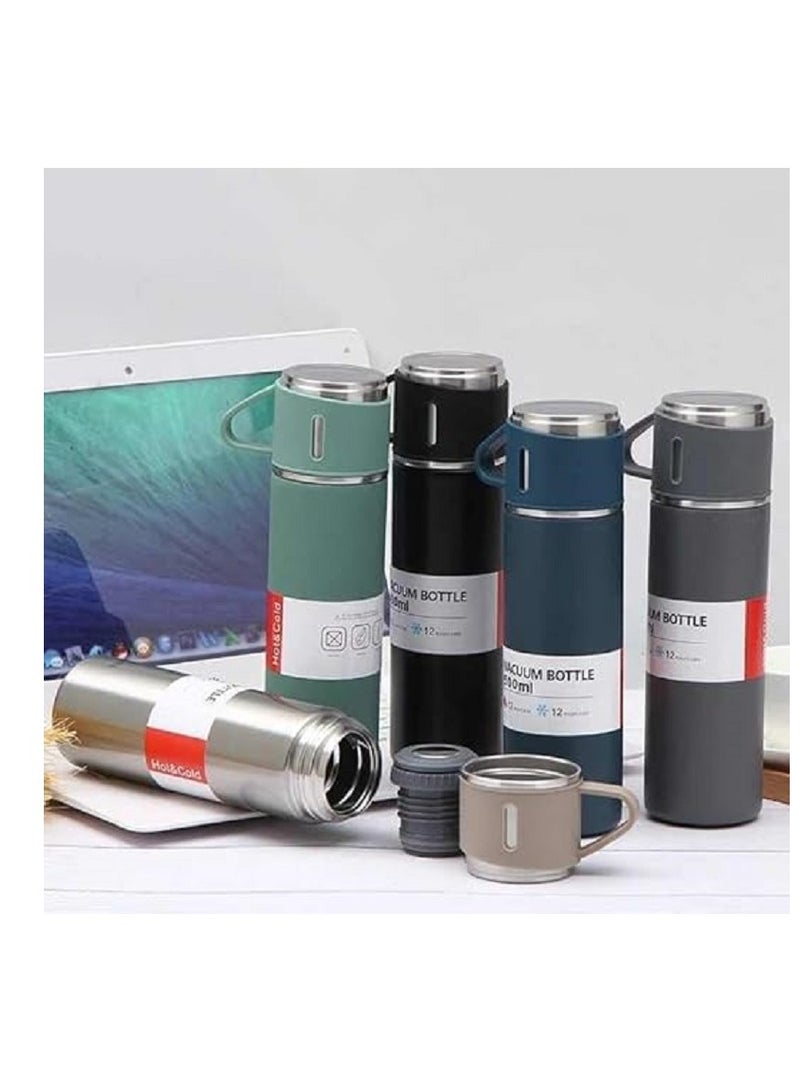 500ml Water Bottle with 3 Double Wall Stainless Steel Cups with Gift Bag Vacuum Insulated Thermos for Coffee Water Tea Travel - Black  - Image 3