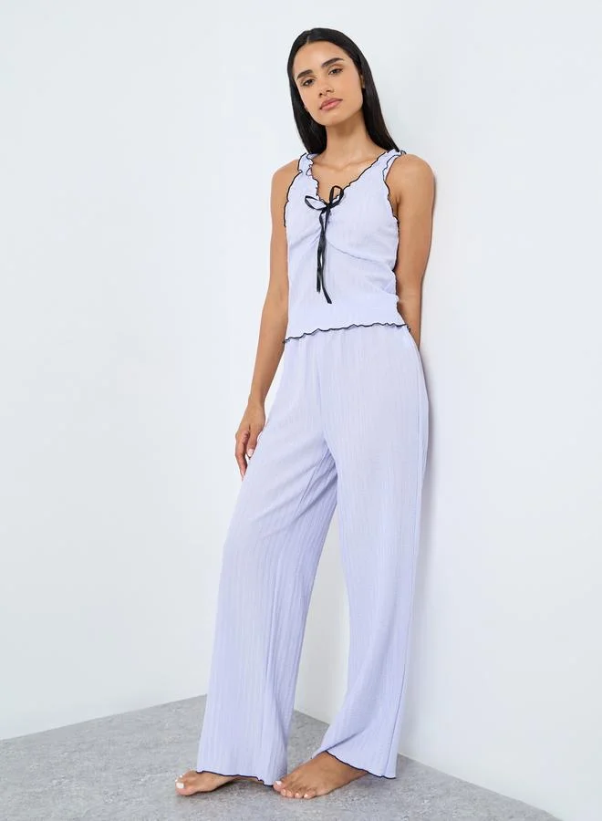 Styli Styli Rib Crinkle Contrast Edge Bow Tank and Pyjama Set