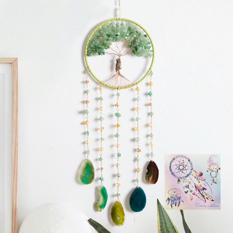 Dreamsum Green Tree of Life Dream Catchers with Agate Pendant Natural Dream Catchers for Aunt Wall Decor Handmade Dreamcatcher Wall Hanging Ornament for Bedroom Living Room Home Decor - Image 1