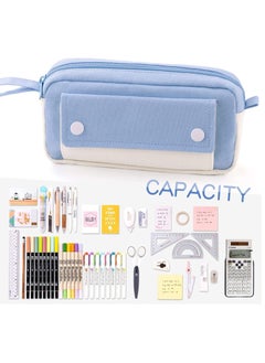 SYOSI Pencil Case Large Capacity Pen Pencil Pouch Durable Bag Portable Journaling Supplies with Easy Grip Handle Marker Travel Simple Bag School Office Aesthetic Organizer for Girls Adults Blue  - Image 3