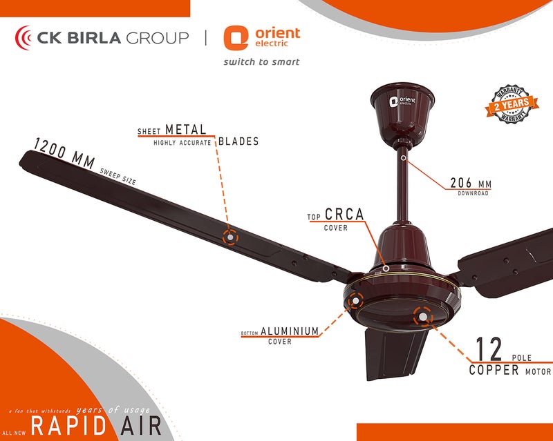 Orient Electric Rapid Air High Speed Ceiling Fan (1200mm, 48 Inch, Brown) - Image 4