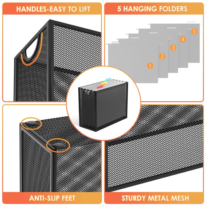 Sinboun Hanging File Organizer Letter-Size File Holder Filing Box Includes 5 Hanging Folders - Metal Mesh Magazine Letter Storage Cabinets File Cart for Office Home School, No Assembly Required - Image 4