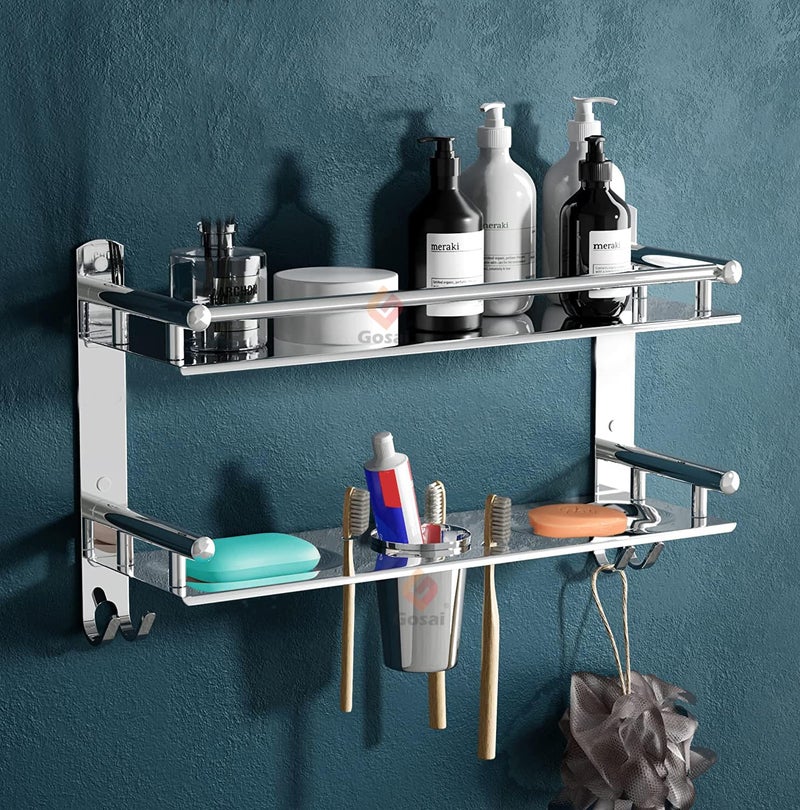 GOSAI Shelf Adhesive Bathroom Shelf Stainless Steel Bathroom Accessories 2 Layer Shelves with Dual Soap Case Toothbrush Holder & Hook | Bathroom Shelf for Wall | Bathroom Organizer (16x5x9 inch) - Image 1