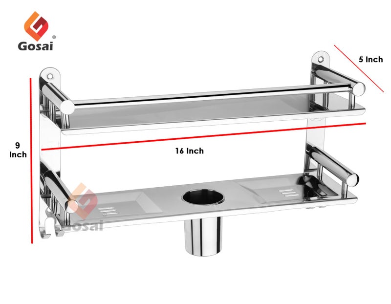 GOSAI Shelf Adhesive Bathroom Shelf Stainless Steel Bathroom Accessories 2 Layer Shelves with Dual Soap Case Toothbrush Holder & Hook | Bathroom Shelf for Wall | Bathroom Organizer (16x5x9 inch) - Image 3