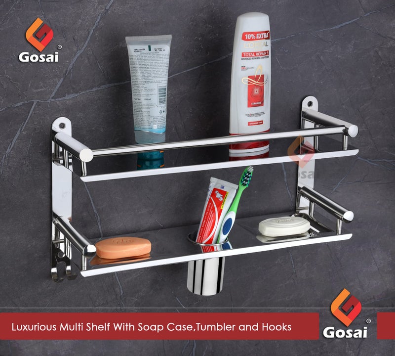 GOSAI Shelf Adhesive Bathroom Shelf Stainless Steel Bathroom Accessories 2 Layer Shelves with Dual Soap Case Toothbrush Holder & Hook | Bathroom Shelf for Wall | Bathroom Organizer (16x5x9 inch) - Image 2