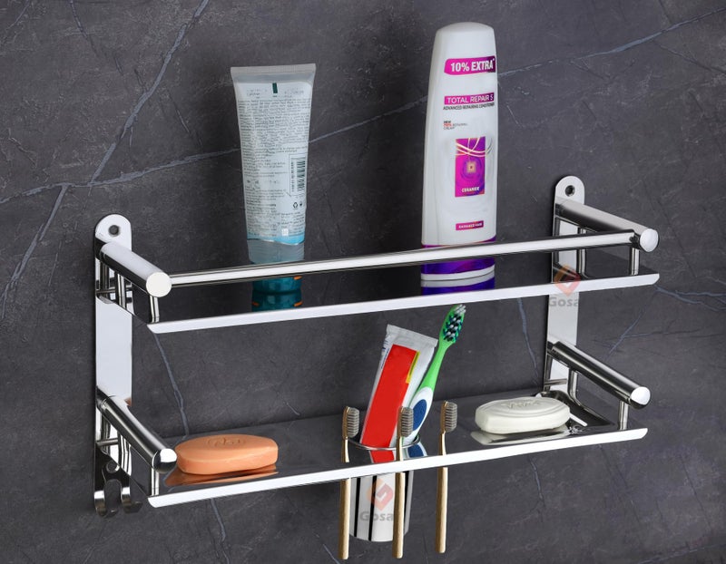GOSAI Shelf Adhesive Bathroom Shelf Stainless Steel Bathroom Accessories 2 Layer Shelves with Dual Soap Case Toothbrush Holder & Hook | Bathroom Shelf for Wall | Bathroom Organizer (16x5x9 inch) - Image 5