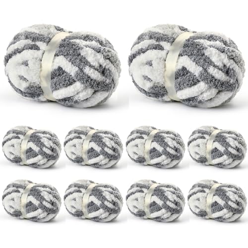 OMoiut 10 Pack Jumbo Chunky Yarn for Hand Knitting, Fluffy Variegated Chunky Chenille Yarn for Crocheting, 240yds/70.5oz Super Bulky Soft Crochet Baby Blanket Yarn(White- Grey) - Image 1