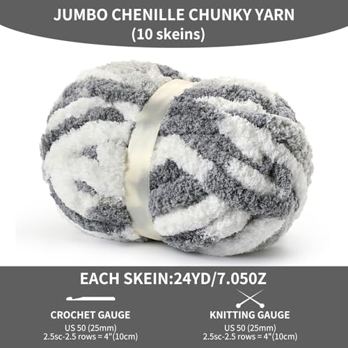 OMoiut 10 Pack Jumbo Chunky Yarn for Hand Knitting, Fluffy Variegated Chunky Chenille Yarn for Crocheting, 240yds/70.5oz Super Bulky Soft Crochet Baby Blanket Yarn(White- Grey) - Image 2