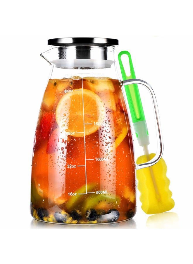 Aofmee Glass Pitcher, 2010ml Water Pitcher with Lid and Precise Scale Line, 18/8 Stainless Steel Iced Tea Pitcher, Easy Clean Heat Resistant Borosilicate Glass Jug for Juice, Milk, Cold or Hot Beverages - Image 1
